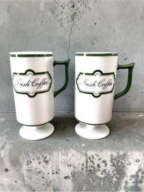 Source Unknown White Pedestal Irish Coffee Mugs with Green Trim (Pair)